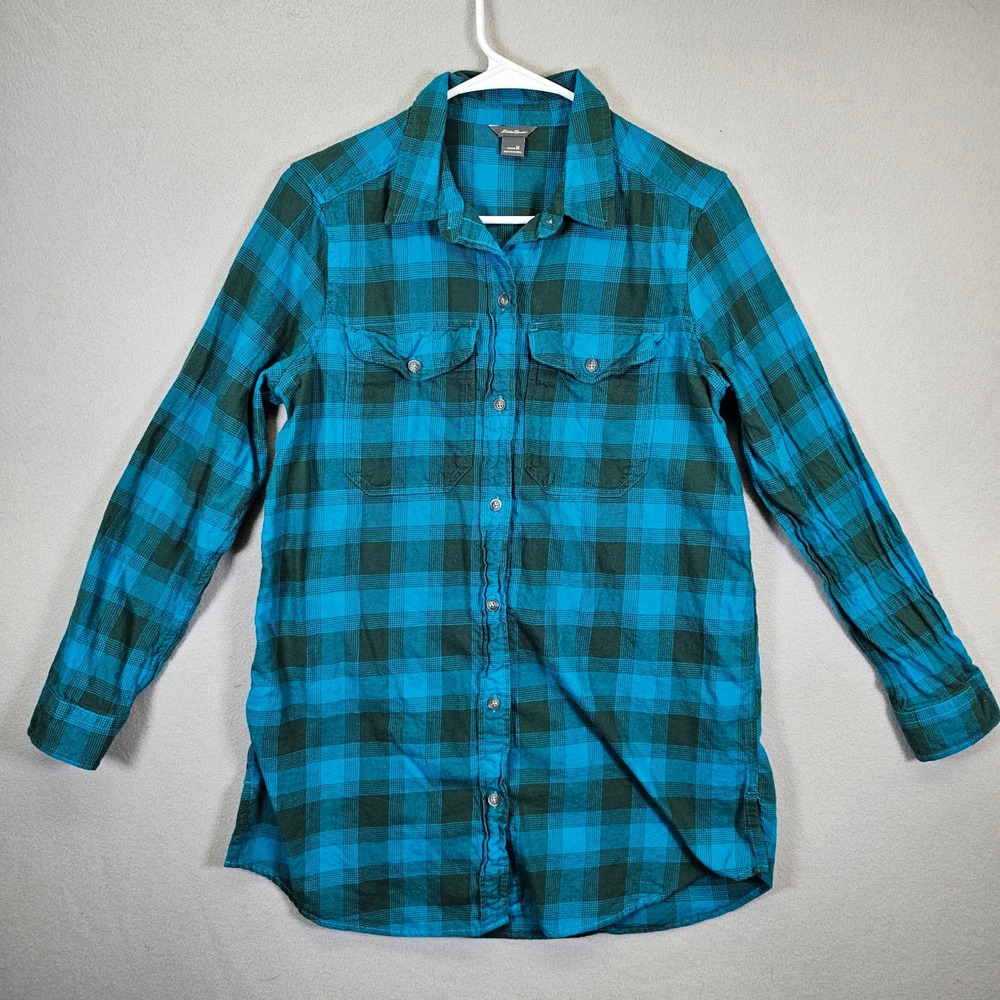 Eddie Bauer Womens Plaid Flannel Shirt Blue Green Long Sleeve‎ Button Up Size M